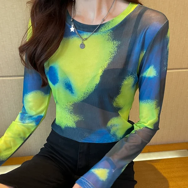 2024 New Design Women's T-shirts Semi-Transparent Long sleeved O Neck Stretch Single Layer Mesh T Shirt For Female