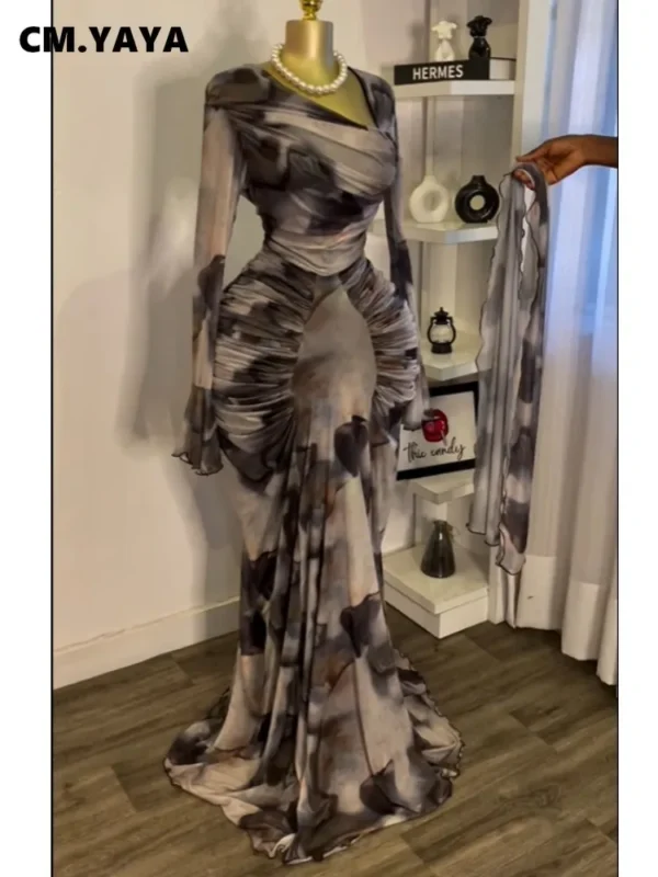 CM.YAYA Women Tie Dye Printed Skew Neck Flare Long Sleeve Ruched Stacked Maxi Long Dress 2025 Summer Birthday Sexy Party Dresses - Image 2