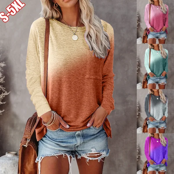 Hot Selling Women's Color-blocking T-shirt Long-sleeved O-neck Casual Tie-dye Loose Pocket Top Fashion Street Tees