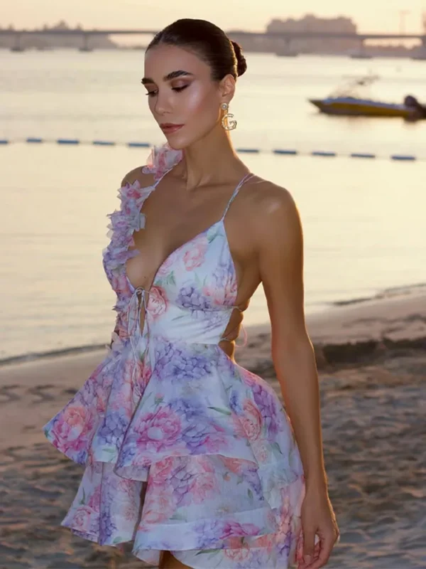 Chic 3d Flower Printed Women's Lace Up Backless Mini Dress Fashion Sleeveless Ruffles A-line Vestidos 2025 Lady Beach Party Gown - Image 2