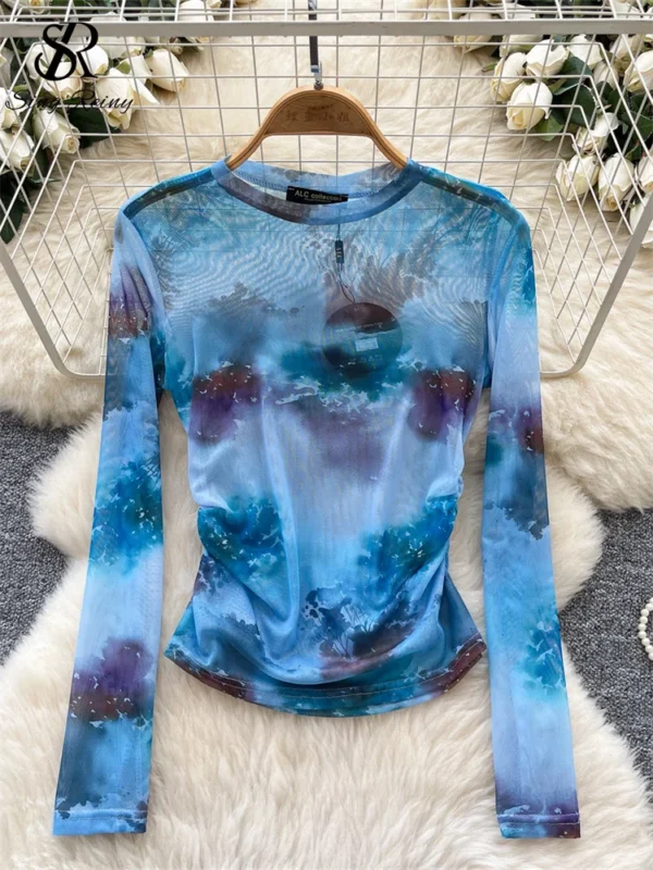 SINGREINY American Retro Tie Dye Blouse O Neck Long Sleeves Print Y2K Tops Summer Streetwear Hotsweet Thin Sheer Mesh T-Shirt - Image 4