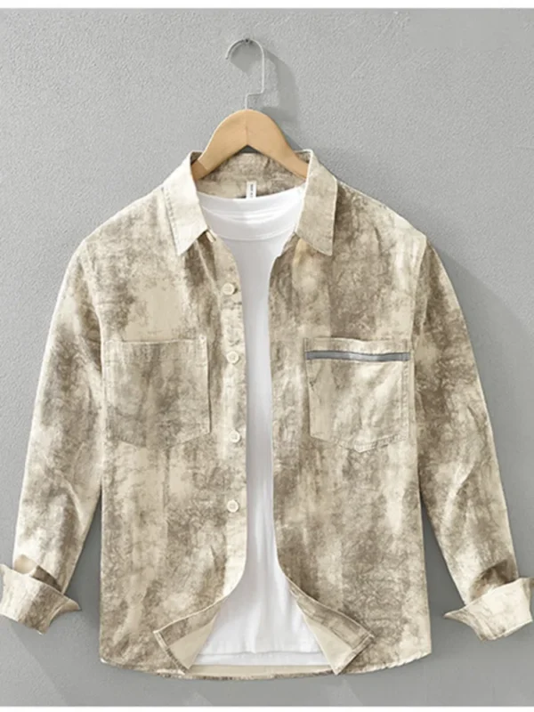 #4462 Beige Khaki Tie Dye Printed Shirts Men Vintage Cotton100% Cargo Shirts Male Long Sleeve Loose Outerwear Shirts Japan Style - Image 4