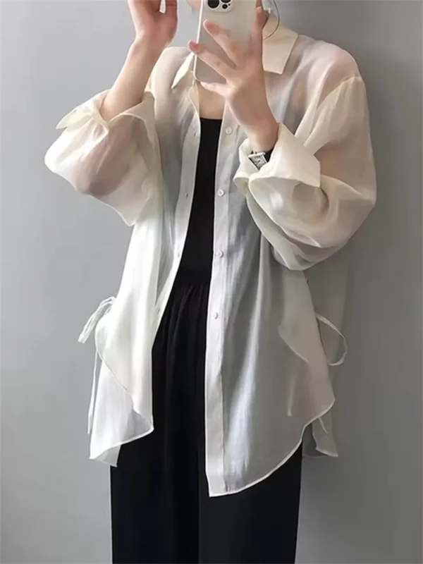 Chic Lightweight Pink Ice Silk Chiffon Shirt Women 2025 Summer Casual Sun Protection Tops Open Cardigan Side Slit Tie Outerwear - Image 5