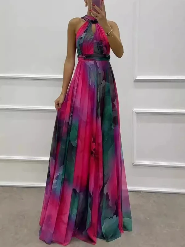 Vintage Pattern Printed Sleeveless Party Dress Casual High Waist Bohemian Dresses New Sexy Halter Hollow Out Women's Long Dress