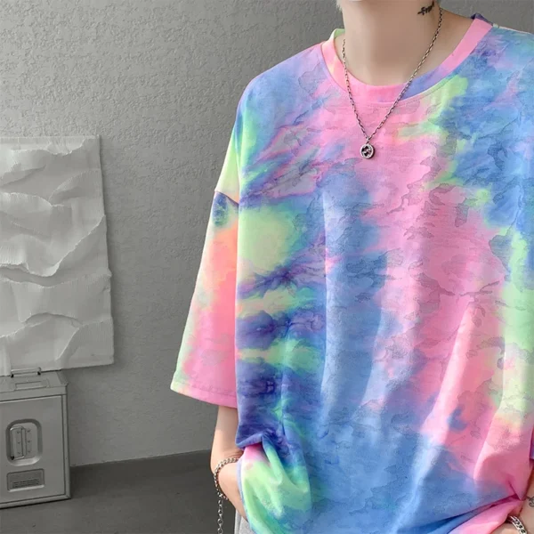 Y2k Tie-Dye T-shirt For Men Korean Streetwear 2025 Summer Short Sleeve Tee Tops O-neck Tshirts Oversized T-Shirt Couple Tees - Image 3