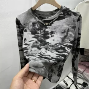 High Waist Tie Dye Long Sleeve T-Shirt – Y2K Vintage Short Top for Women | Casual Spring/Autumn O-Neck Tee