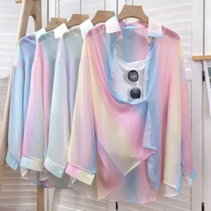 Irregular Gradient Rainbow Long Sleeve Blouse for Women – Lightweight, Casual, Loose Fit, Pink Transparent Top