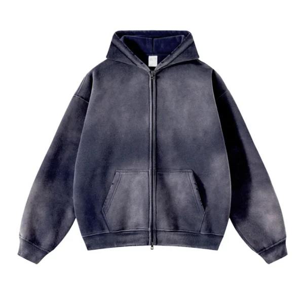 MAQVOB European and American High Street Autumn Tie Dye Washed Vintage 360g Fleece Lined Double Zip Puller Sweatshirt Hoodie - Image 5