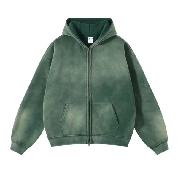 MAQVOB European and American High Street Autumn Tie Dye Washed Vintage 360g Fleece Lined Double Zip Puller Sweatshirt Hoodie - Image 6
