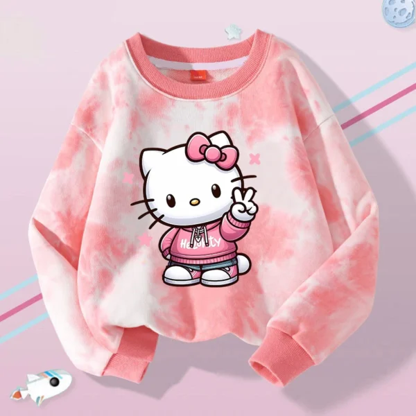 Hello Kitty Kuromi Cute Print Sweatshirts Girl Clothes Autumn Trend Tie Dyed Round Neck Pattern Children Pullover Long Sleeves - Image 2