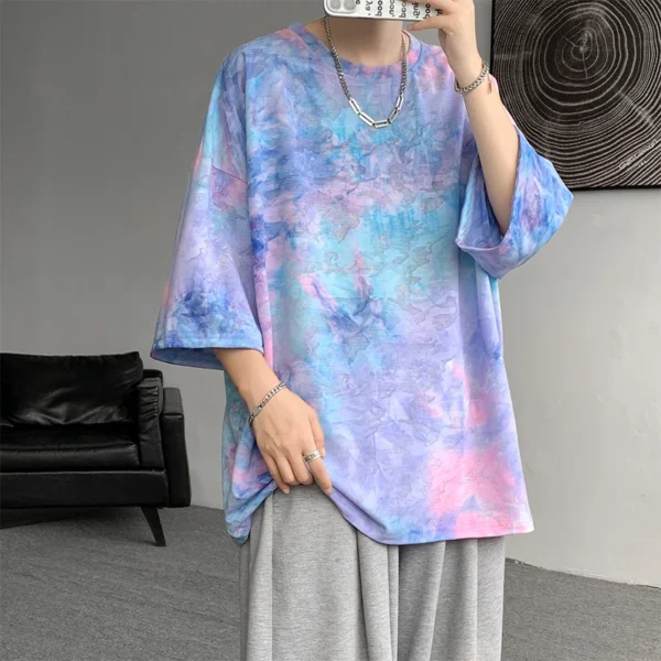 Y2k Tie-Dye T-shirt For Men Korean Streetwear 2025 Summer Short Sleeve Tee Tops O-neck Tshirts Oversized T-Shirt Couple Tees