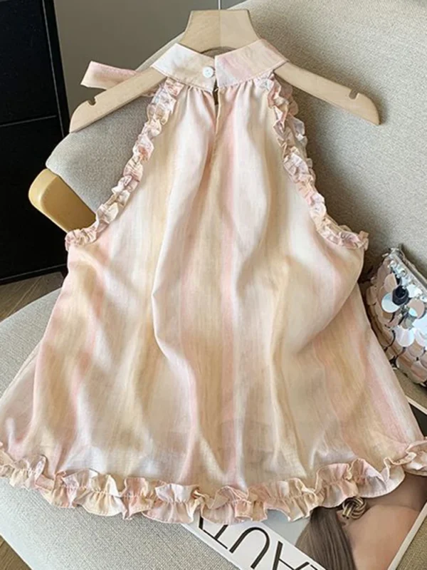 Tie Dye Halter Chiffon Tank – Vintage Elegant Bow, Sweet French Casual Retro Ruffles Top for Women - Image 5