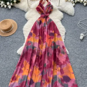 Tie-Dye Holiday Maxi Dress – Spaghetti Strap Backless Beach Sundress