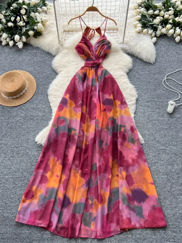 SINGREINY 2025 Holiday Beach Maxi Dress Female Spaghetti Strap Sleeveless Backless Hotsweet Dress Fashion Tie Dye Long Sundress