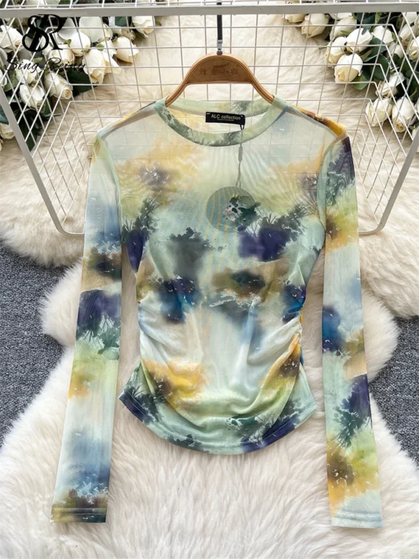 SINGREINY American Retro Tie Dye Blouse O Neck Long Sleeves Print Y2K Tops Summer Streetwear Hotsweet Thin Sheer Mesh T-Shirt - Image 3