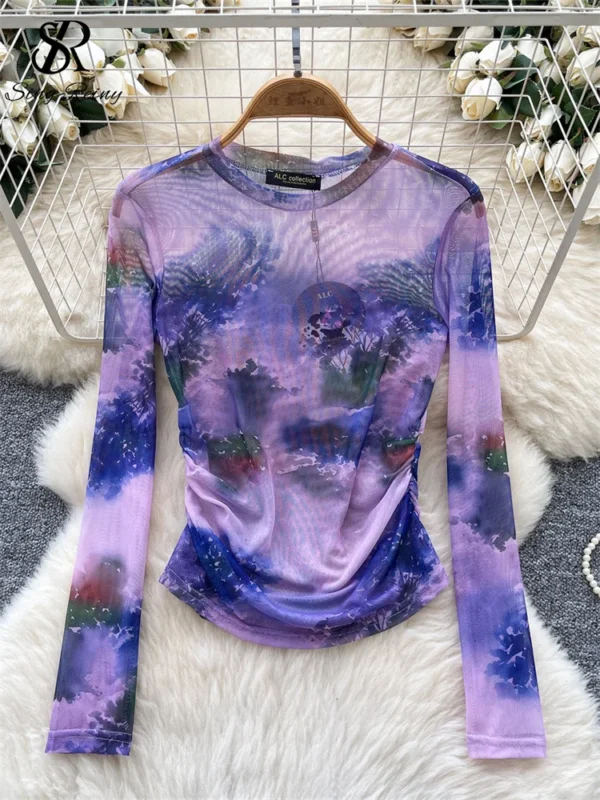 SINGREINY American Retro Tie Dye Blouse O Neck Long Sleeves Print Y2K Tops Summer Streetwear Hotsweet Thin Sheer Mesh T-Shirt