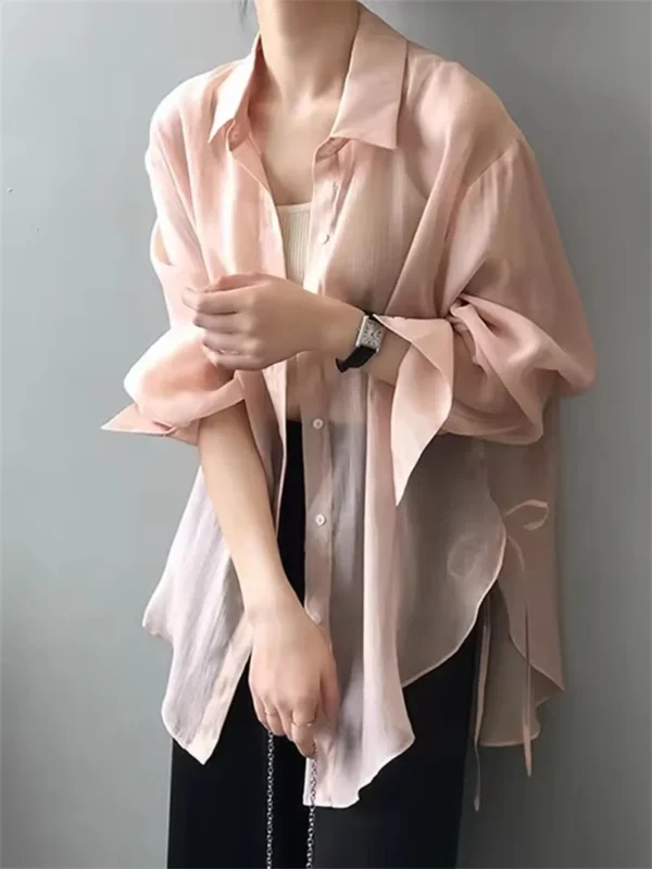 Chic Lightweight Pink Ice Silk Chiffon Shirt Women 2025 Summer Casual Sun Protection Tops Open Cardigan Side Slit Tie Outerwear - Image 3