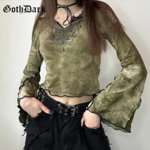 Goth Dark Vintage Tie Dye V-Neck Crop Top with Flare Sleeves – Acubi Fashion