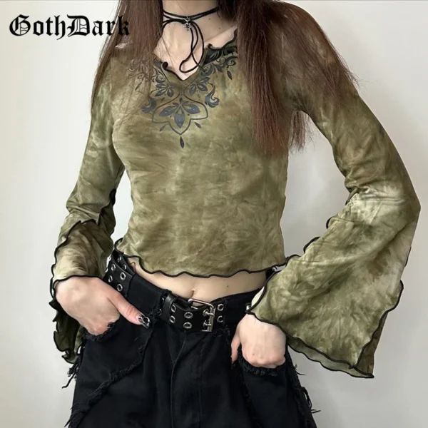 Goth Dark Vintage Tie Dye Print V-neck Crop Tops Acubi Fashion Flare Sleeve T-shirts Autumn Gothic Pullovers Tees Women Techwear