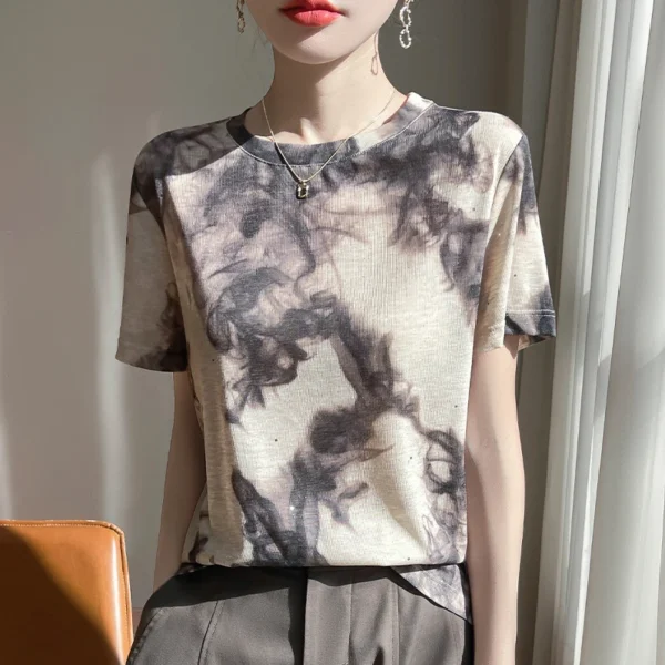 Summer Lady Lyocell Graffiti T-Shirt With Short Sleeves And Round Neck Ink-And-Wash Printed Top - Image 3