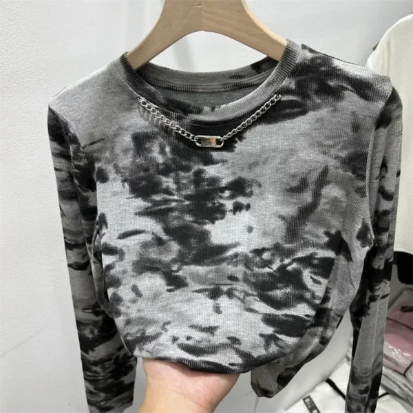 High Waist Tie Dye Long Sleeve T-Shirt – Y2K Vintage Short Top for Women | Casual Spring/Autumn O-Neck Tee - Image 3