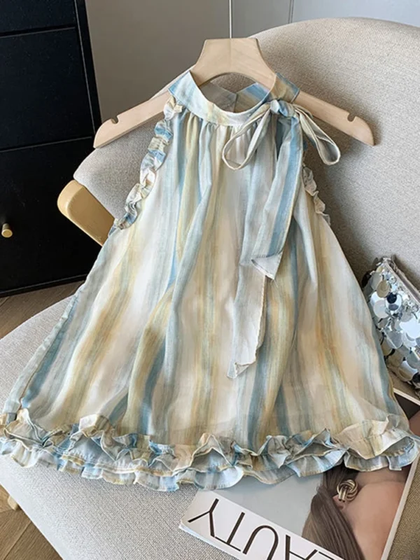 Tie Dye Halter Chiffon Tank – Vintage Elegant Bow, Sweet French Casual Retro Ruffles Top for Women - Image 2