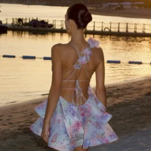 Chic 3D Floral Print Lace-Up Backless Mini Dress – 2025 Collection