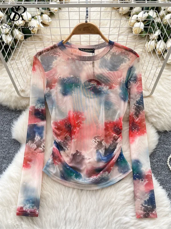 SINGREINY American Retro Tie Dye Blouse O Neck Long Sleeves Print Y2K Tops Summer Streetwear Hotsweet Thin Sheer Mesh T-Shirt - Image 2