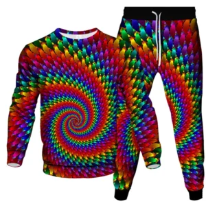 Men's Colorful Tie Dye 3D Vortex Print Sportswear Set – Long Sleeve Pullover & Pants 2-Piece Outfit | Oversized Streetwear Tracksuit