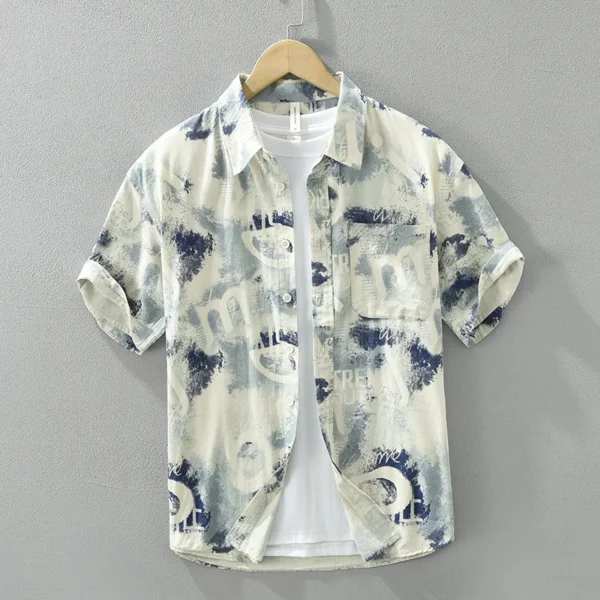 #4523 Summer Vintage Short Sleeve Shirts Men Turn-down Collar Tie Dye Printed Cotton100% Streetwear Shirts Male Loose - Image 3