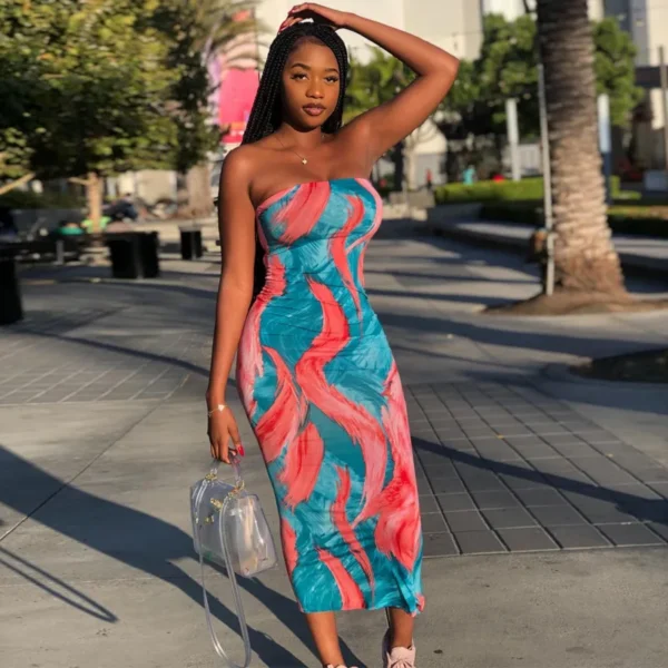 Spring/Summer Women's Colorful Tie Dye Print Off Shoulder Wrapped Chest Dress - Image 6