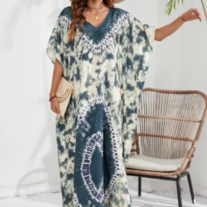 Plus Size Boho Tie-Dye Cover-Up Dress – Batwing Sleeve, V-Neck, Maxi Split