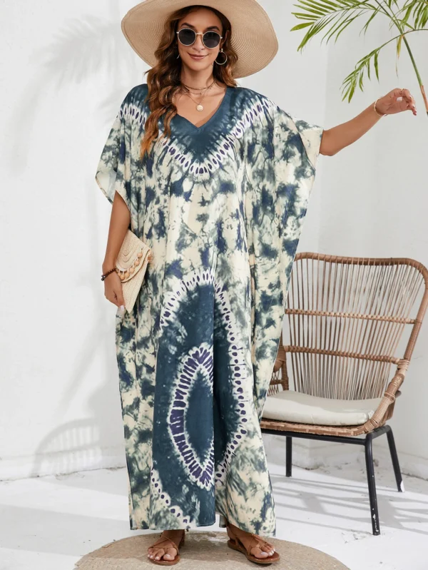 Plus Size Boho Tie-Dye Cover-Up Dress – Batwing Sleeve, V-Neck, Maxi Split
