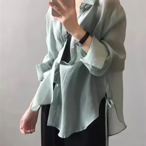 Chic Lightweight Pink Ice Silk Chiffon Shirt – 2025 Summer Casual Sun Protection Open Cardigan with Side Slit & Tie