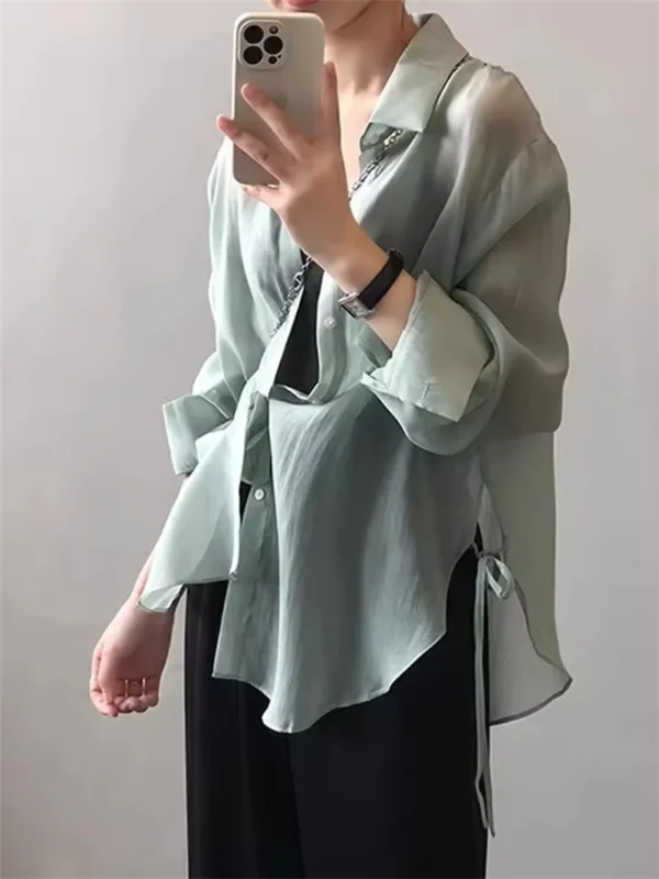 Chic Lightweight Pink Ice Silk Chiffon Shirt Women 2025 Summer Casual Sun Protection Tops Open Cardigan Side Slit Tie Outerwear