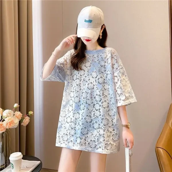 2023 New Summer Loose Fitting Casual Sexy Gauze Mesh High-end Backless Hollowed Out Mid Length Tie Dyed Short Sleeved T-shirt - Image 5