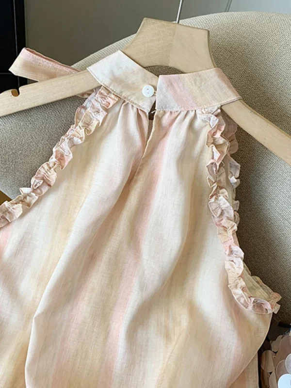 Tie Dye Halter Chiffon Tank – Vintage Elegant Bow, Sweet French Casual Retro Ruffles Top for Women - Image 6
