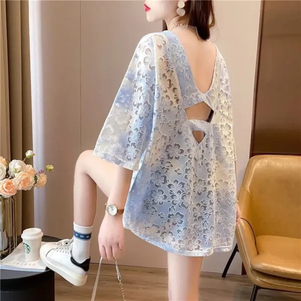 2023 New Summer Loose Fitting Casual Sexy Gauze Mesh High-end Backless Hollowed Out Mid Length Tie Dyed Short Sleeved T-shirt - Image 6
