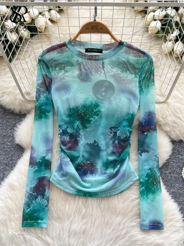 SINGREINY American Retro Tie Dye Blouse O Neck Long Sleeves Print Y2K Tops Summer Streetwear Hotsweet Thin Sheer Mesh T-Shirt - Image 5