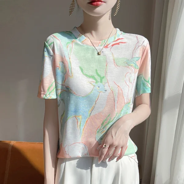 Summer Lady Lyocell Graffiti T-Shirt With Short Sleeves And Round Neck Ink-And-Wash Printed Top