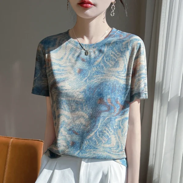 Summer Lady Lyocell Graffiti T-Shirt With Short Sleeves And Round Neck Ink-And-Wash Printed Top - Image 6