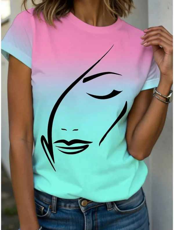 Summer Fashion Women’s T-Shirt – Graphic Abstract Print, Crew Neck, Short Sleeve - Image 2