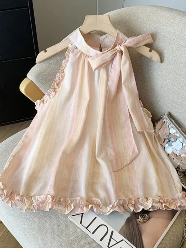 Tie Dye Halter Chiffon Tank – Vintage Elegant Bow, Sweet French Casual Retro Ruffles Top for Women - Image 4