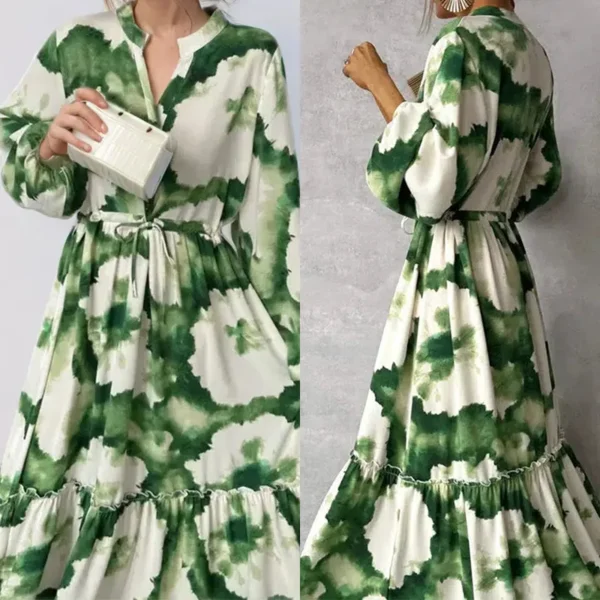 Autumn Elegant Women Maxi Dresses Fashion Print Long Sleeve V Neck Waist Adjustment Long Dress Commuting Female Party Vestido - Image 3