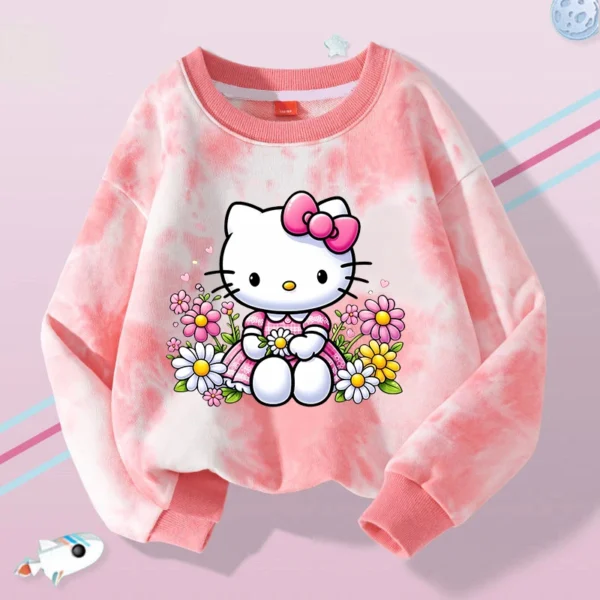 Hello Kitty Kuromi Cute Print Sweatshirts Girl Clothes Autumn Trend Tie Dyed Round Neck Pattern Children Pullover Long Sleeves - Image 4