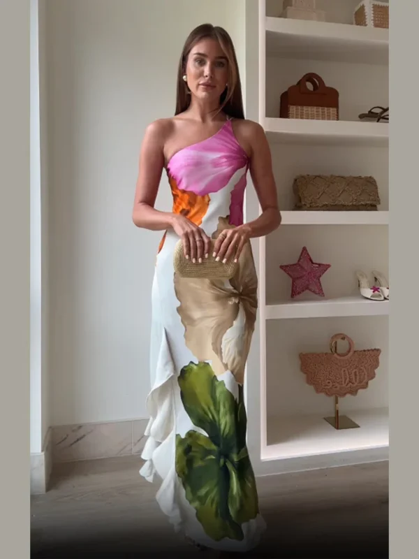 Elegant Floral Irregular Maxi Vestidos Women Sleeveless Skew Neck Off Shoulder Slim Dress 2025 New Summer Party High Street Wear - Image 2