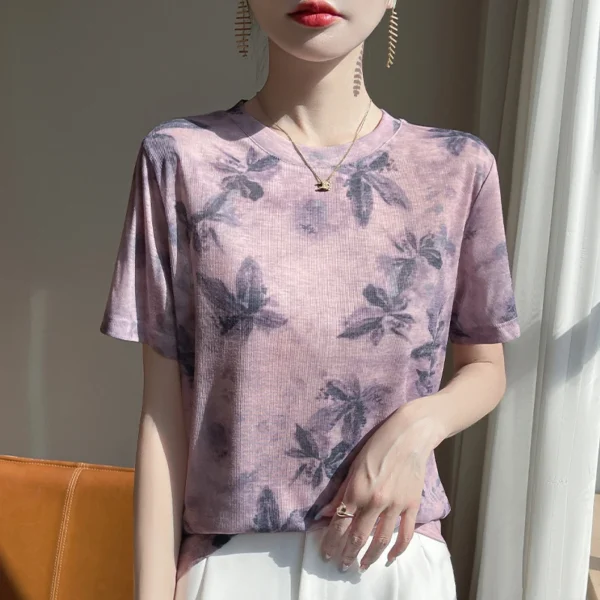 Summer Lady Lyocell Graffiti T-Shirt With Short Sleeves And Round Neck Ink-And-Wash Printed Top - Image 5