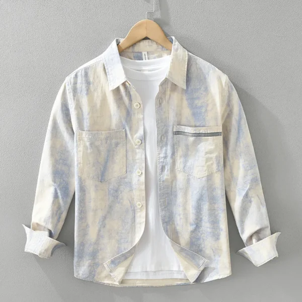 #4462 Beige Khaki Tie Dye Printed Shirts Men Vintage Cotton100% Cargo Shirts Male Long Sleeve Loose Outerwear Shirts Japan Style