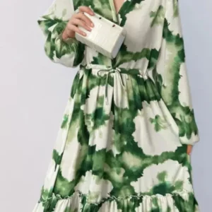 Autumn Elegant Women’s Maxi Dress – Printed, V-Neck, Long Sleeve, Lace-Up Waist