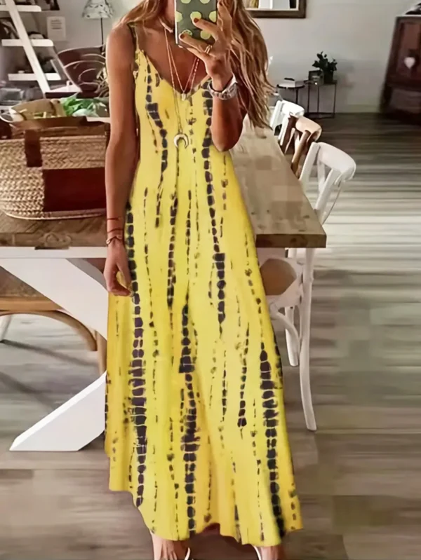 Women's Casual Loose V-neck Tie Dye Printed Spaghetti Maxi Dress Summer Beach Vacation Long Dress - Image 3